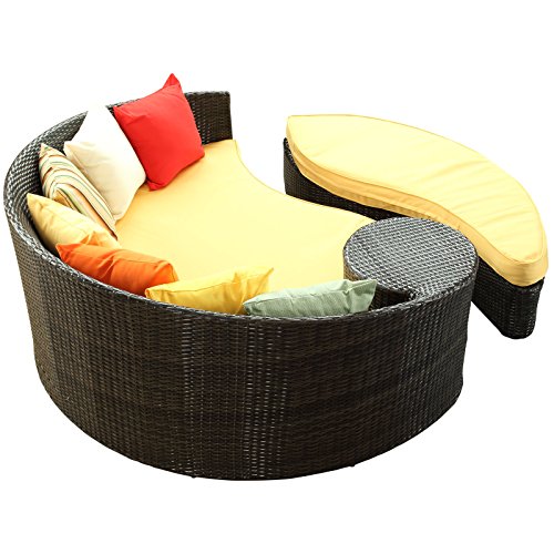 Modway Taiji Outdoor Wicker Patio Daybed with Ottoman in Brown with Orange Cushions