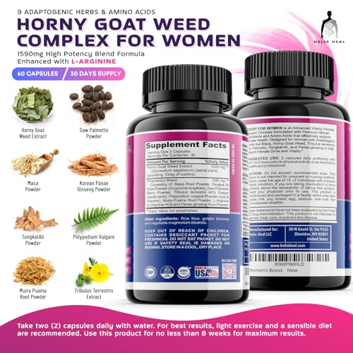 Helix Heal Libido Booster for Women Fast Acting with Horny Goat Weed - Female Desire Pills with Maca Root, Tribulus Terrestris, Ginseng and Hornygoatweed Women - Hormone Balance, Made in USA (60 ct)