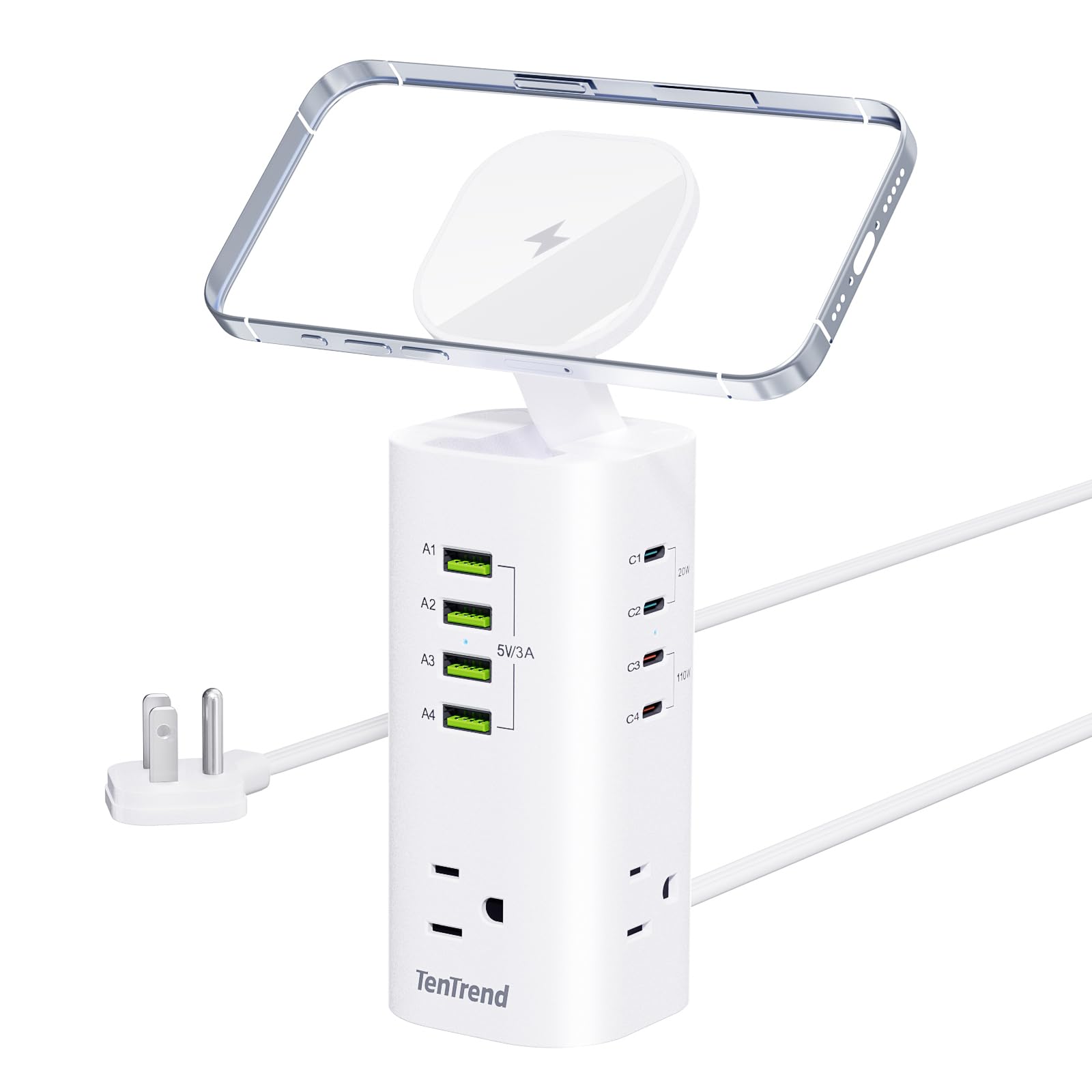 Tower Power Strip Surge Protector with 3 AC Outlets & 8 USB Ports (4 USB-C), TenTrend 160W Fast Charging Station, 5 FT Flat Plug Extension Cord with Multiple Outlets for Home Office Dorm Room Image