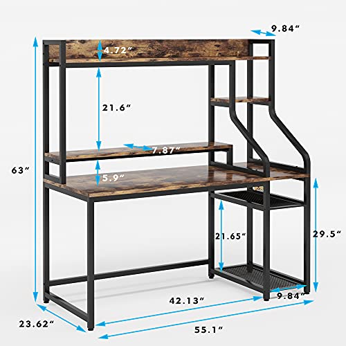 TIYASE Computer Desk with Hutch and Storage Shelves, 55 inch Industrial