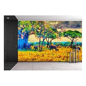 Colorful Impressionist African Landscape with Elephants Oil Painting - Removable Wall Mural | Self-Adhesive Large Wallpaper - 66x96 inches