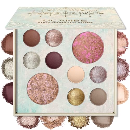 UCANBE All in One Baked Makeup Palette – Eyeshadow, Blush & Bronzer Face Kit, Neutral Pigmented Colors, Travel Size Compact, Full Face Makeup Gift Set for Women