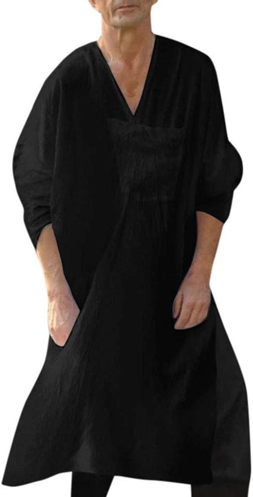 huateng Men's Linen Kaftan Robes Muslim Middle Eastern Long Section Long Sleeve Arabian Thobe