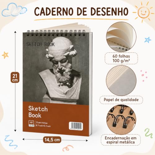 GODREAM Caderno de Desenho Profissional, Kit de 4 Sketchbook A5, Cada 60 Folhas Papel 100g/m², Bloco de Desenho com Espiral, Ideal para Desenho e Ilustração