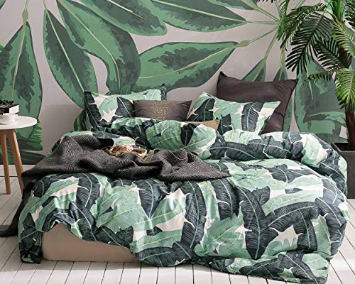 ECOCOTT 3 Pieces Duvet Cover Set Queen 100% Natural Cotton 1 Duvet Cover 2 Pillowcases, Tropical Banana Lush Leaves Printed Pattern Soft Cozy Luxury Breathable and Durable Bedding Set