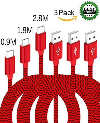 Tecland 3pack 0.9M 1.8M 2.8M Nylon Braided Type C Cable for Samsung Galaxy S8, S8 plus, LG G5, G6, V20, Nexus 5X, 6P, Google Pixel, Nintendo Switch, New Macbook and other type cdevices.(Red &amp; Black)
