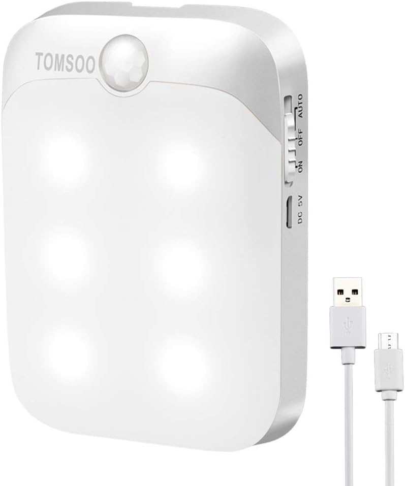 TOMSOO Rechargeable Motion Sensor Light, Wireless Motion-Activated LED Night Light, Portable Stick-Anywhere Contemporary Smart Security Light for Stairs, Entryways, Garages, Porch, Garage (White)