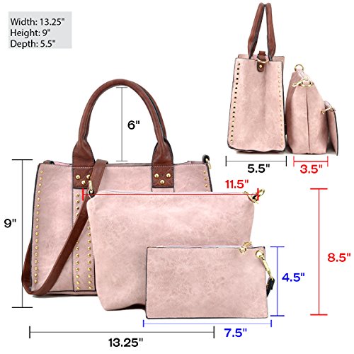 Women Handbag 3 Pieces Set Leather Shoulder Bag Satchel Purse 3 in 1 Simple Design Pink Coffee