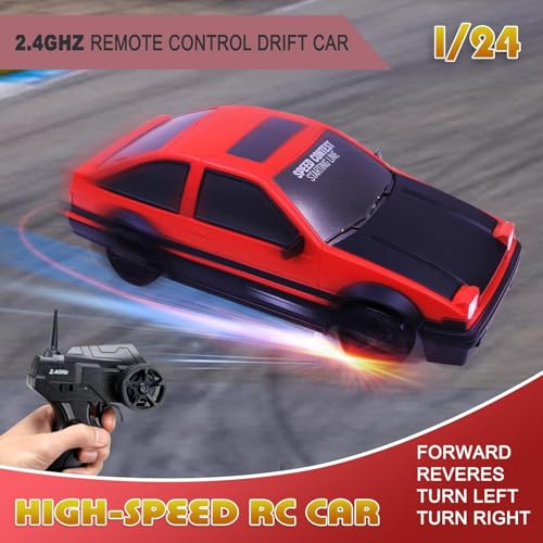 RC Drift Car 2.4GHz 1:24 Scale 4WD High Speed Remote Control Car with LED Lights, Drifting Tires, 2Pcs Rechargeable Batteries