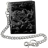Balck Men Real Leather Vintage Dragon Wallet with Chain Card Holder Purse