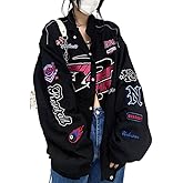 POHADON Women Button Down Varsity Jacket Harajuku Vintage College Baseball Bomber Jacket Coat Korean Clothes Y2K Streetwear
