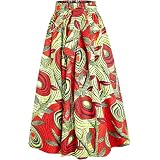 HongyuAmy Women's African Print Ankara Skirt - Pleated, Maxi Length, Side Pockets, Vibrant Patchwork Pattern
