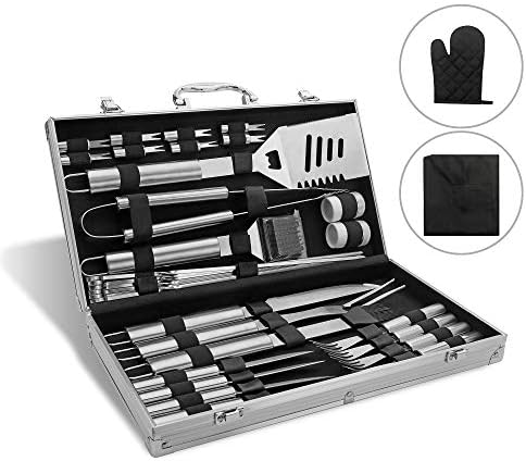Monbix BBQ Grill Accessories Barbecue Tools 33 Piece Heavy Duty Stainless Steel Utensils with Aluminum Storage Case Waterproof Apron Glove