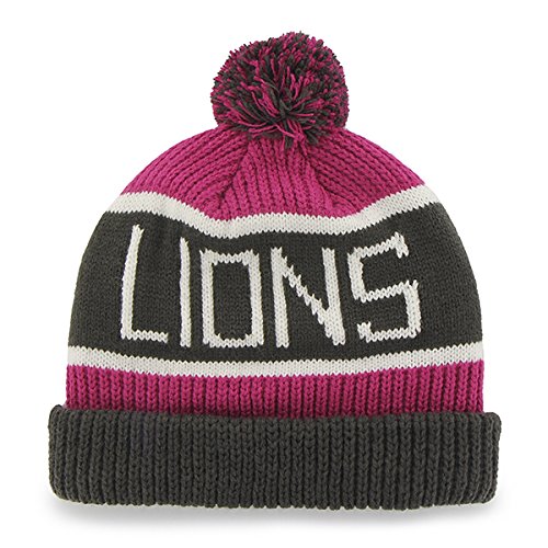 47 Brand Magenta/Pink "Calgary" Beanie Hat with Pom - NFL BCA Cuffed Winter Knit Toque Cap (Detroit Lions)