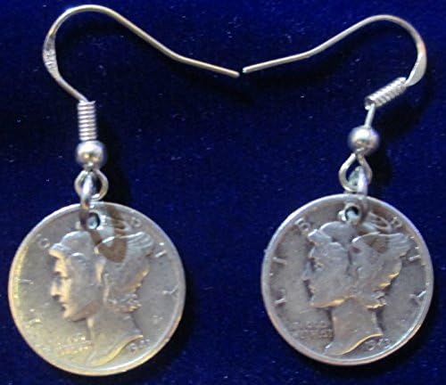 MDERNGSMercury Dime (900 Silver) Earings with 925 Sterling Silver Earrings Hook Coil Ear Wires & Gift Bag