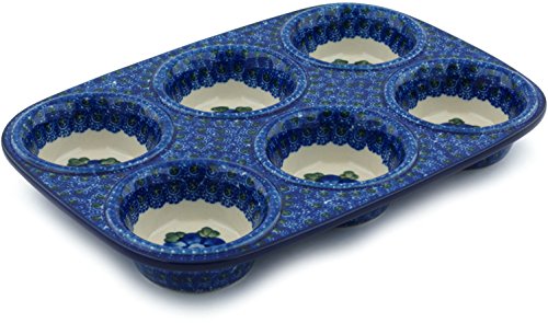 Polish Pottery 11Â½-inch Muffin Pan made by Ceramika Artystyczna (Blue Poppies Theme) + Certificate of Authenticity