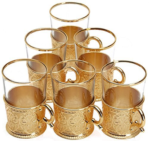 6 X Turkish Style Tea Glasses Set with Holders Spoons, XL 6.6 Ounce