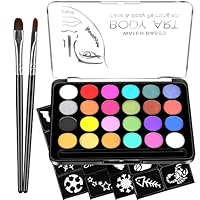 Face Paint Kit for Kids - 32 Stencils, 24 Large Water Based Paints, 2 Brushes, Professional Quality Face & Body Paint, Hypoallergenic Safe & Non-Toxic, Ideal for Halloween Party Face Painting