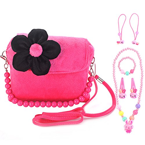 Kids Handbag for GirlsLittle Girl Cute Bag Beauty Set Plush Handbag + 2 Hair Clip + ring +Necklace and Bracelet+Elastic Hair Ties (rose red)