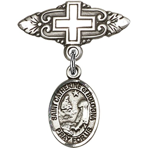 Sterling Silver Baby Badge with St. Catherine of Bologna Charm and Badge Pin with Cross 1 X 3/4 inches