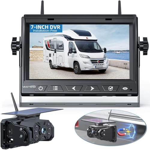 VASTEND Solar Wireless Backup Camera, 10000 mAh Rechargeable Battery Magnetic Camera with 7 Inch Monitor, 170° Wide Angle, DIY Installation, for Trucks, Campers, Caravans