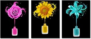 Kreative Arts Manicure and Nail Art Wall Decor for Salon Room Canvas Prints Frame Art Nail Polish Brushes Posters Roses Sunflowers and Lily Pictures Flowers Painting Walls Decoration Ready to Hang