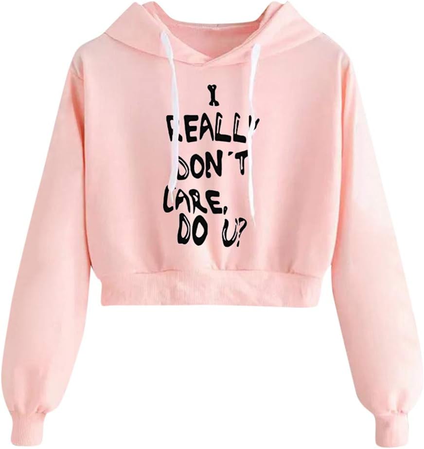 HARRYSTORE Womens Ladies Girls Hoodie Crop Tops Letter Print Long Sleeve Hooded Sweatshirt Cropped Sweat Tops Pullover Jumpers