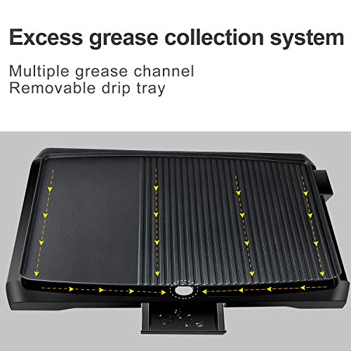 Health and Home 2-in-1 Nonstick Indoor Smokeless Electric Griddle ,21 Inch Extra Large Surface With Slide-Out Drip Tray Oil Collection ,Adjustable 5-Level Thermostat,Family Size Electric Griddle