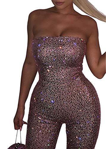 Ohvera Women's Sexy Kylie Brithday Muti Color Bling Sequined Strapless Playsuit Jumpsuit Romper Pink Medium