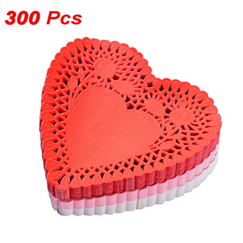 4 Inch Mini Valentine Heart Doilies Cutouts Lace Paper with 3 Colors Red, Pink and White for Valentine's Day Party (300 Pieces)