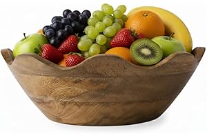 Mela Artisans Scalloped Decorative Wooden Bowl | 12 Inch Mango Wood Fruit & Serving Bowl | Natural Grain Finish | For Kitchen Counter | Snacks | Desserts | Bread | Handcrafted Home Decor