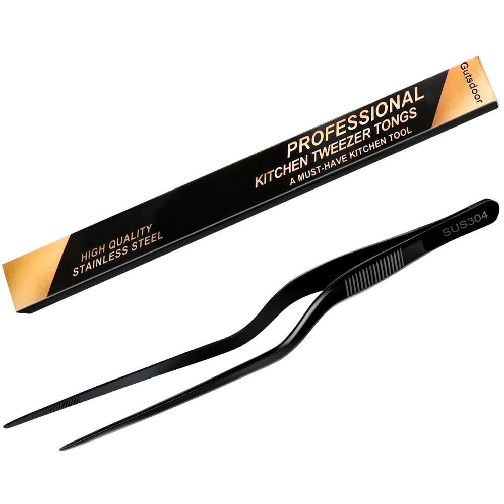 Gutsdoor 8 Inch Stainless Steel Precision Culinary Tweezers - Black Kitchen Offset Plating Tongs
