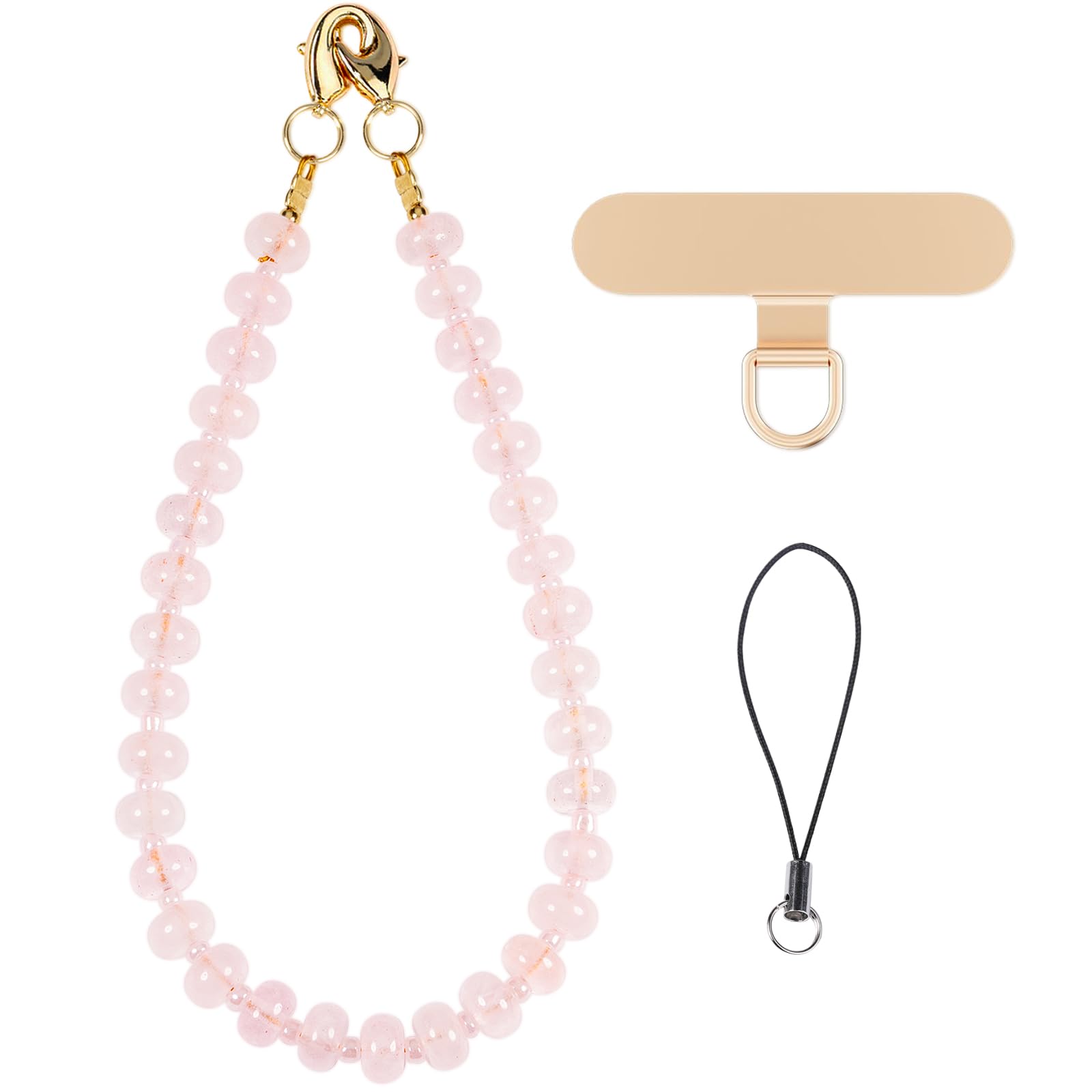 CH.yishi Gemstone Beaded Phone Charm Wrist Strap with Steel Cable Core Stringing, Detachable Phone Bracelet Strap with Metal Tether Tab (Rose Quartz)