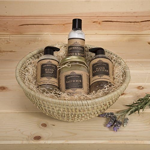 Holy City Skin Products 4 Piece Natural Dead Sea Spa Set, 16oz Dead Sea Salt Scrub, Hand Sanitizer Hand Soap, Hand &amp; Body Lotion, Kaisa Grass Round Basket 11.5" x 4.5" Honey Almond