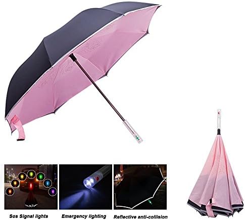 PERETEAE Double Layer Inverted Umbrella with LED Handle, Vehicle Reflective Stripes Cars Reverse Umbrella Folding Safety Rain Umbrella and UV Protection Windproof &amp; Waterproof (SOS Pink)