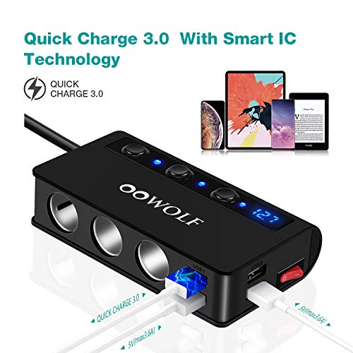 Cigarette Lighter Adapter, OOWOLF 180W 12V/24V Quick Charge 3.0 3