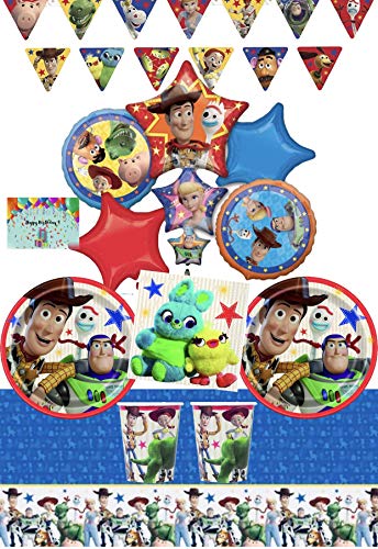 JPMD Toy Story 4 Party Tableware and Decorations Kit for 16 - Includes Balloons, Birthday Banner, Plates, Napkins, Cups, Table Cover and Birthday Card by JPMD (Bundle of 6 Items)