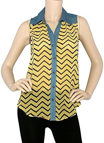 Mememall Fashion Juniors Chiffon Sleeveless Chevron Button Down Zig Zag Shirts Blouse