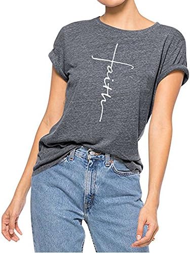 Geicyjiecy Women Casual T Shirt Faith Printed Summer Tees Cotton Short Sleeve Tops