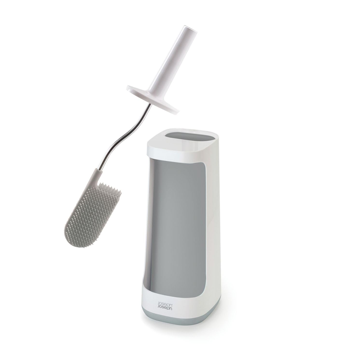 Joseph Joseph Flex Plus - Smart Hygienic Silicone Toilet Brush with Storage Bay Caddy, flexible, anti-drip, anti-clog deep clean head - Large, White/Grey