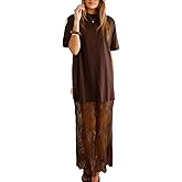 Melliflo Women's Trendy Lace Hem Patchwork Maxi Dress Short Sleeve Crew Neck T Shirt Dress Casual Loose Fit Solid Dresses