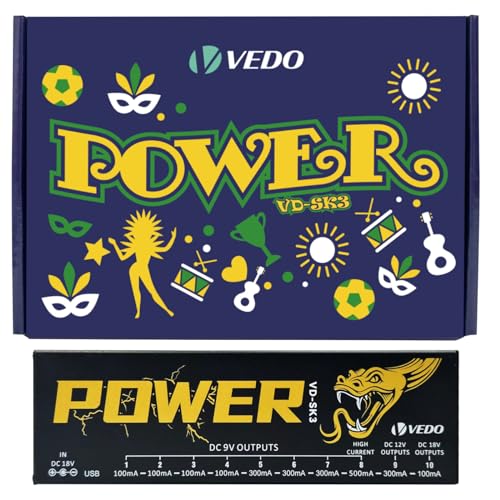 VEDO VD-SK3 Fonte de Alimentação para Pedal de Efeito de Guitarra com 10 Saídas Isoladas (9V, 12V, 18V) Proteção contra Curto-Circuito e Sobrecorrente - Fonte Estável para Pedais de Guitarra 110V-240V