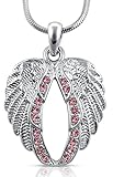 Women, Teens, Girls Angel Wings Necklace - Pink Crystal Pendant and Silver Tone Chain Inspirational Christian Religious Jewelry Gifts