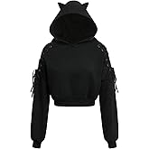 SweatyRocks Women's Cat Ear Crop Hoodies Long Sleeve Lace Up Sweatshirt Pullover Tops