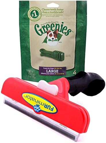 FURminator LONG HAIR deShedding Tool For EXTRA LARGE Dogs Over 90 Lbs XL X-Large GIANT Dog Brush BONUS GREENIES Original Dental Dog Treats (6 oz) LARGE 4 Pack