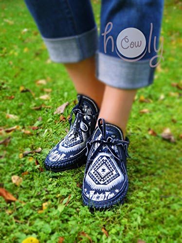 Hand Stitched Blue Leather Moccasins With Native American Tribal Fabric