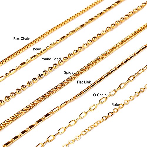 U7 Chain 7 Types Men/Women Jewelry Pendant Chain 2mm-3mm Wide 18K Gold Plated Necklace (Rolo/Rope/Link/Box Chain) - Bead Chain