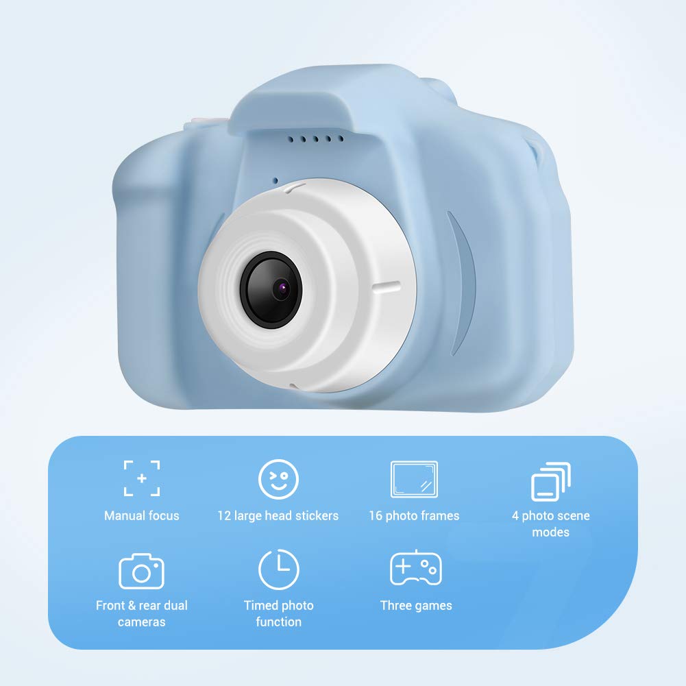 Enow Kids Camera, 16MP 1080P HD Child Digital Video Rechargeable Cameras Toys with Soft Silicone Shockproof Shell for Age 3-14 Boys Girls Outdoor Play, Mini Cartoon Blue (32GB Memory Card Included)