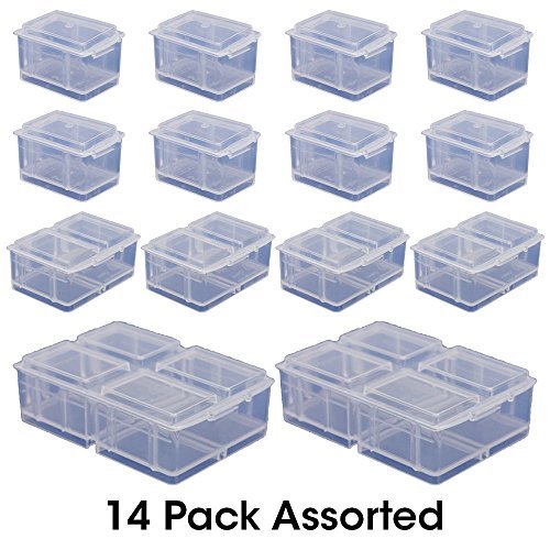 Connect-A-Box 14 pc Assortment from Cottage Mills. Small item storage system that connects and stacks. Perfect for little things like beads, findings and parts. Includes 8 S, 4 M and 2 L.