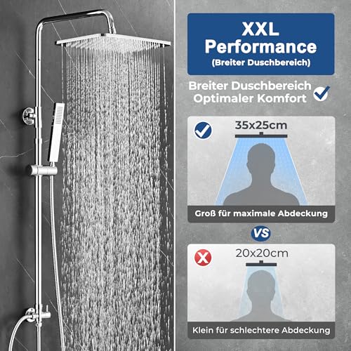 Görbach Stainless Steel Shower System without Taps, Chrome Rain Shower Set, Water Saving, Height Adjustable Shower Rail 74-114 cm, Shower Head XXL 35 x 25 cm